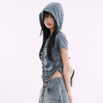 Active hooded nylon shirring zip-up